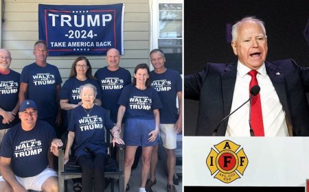 Tim Walz family members pose in t-shirts declaring their presidential preference: 'Walz's for Trump'