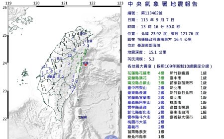 國家級警報響 下午1時16分花蓮外海規模5.3地震 最大震度4級