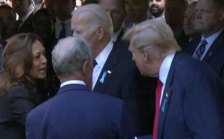 “9·11”纪念仪式现场，特朗普与哈里斯隔着拜登再次握手